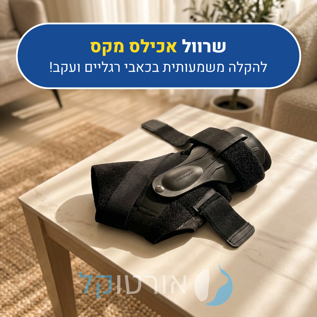 מגן קרסול מקצועי אורטוקל אכילס מקס בצבע שחור, להקלה משמעותית בכאבי רגליים ועקב